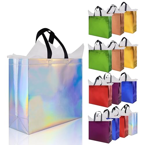 Glossy Gift Bags Sets. 12.6 x 4.7 x 11 In Non-woven Reusable Party Bags with Sturdy Base. Mixcolor Goodie Bags Bulk for Birthdays. Weddings. Easter. Holiday. Party- 7 Colors