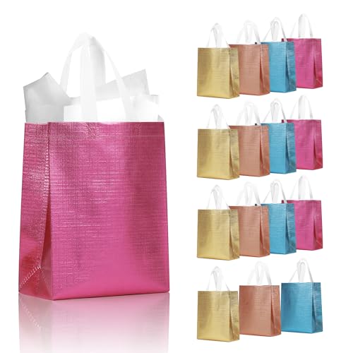 Small Gift Bags Set with Cardboard Bases. Glossy Reusable Party Goodie Bags for Birthday. Wedding. Christmas. Parties- Blue. Rose Gold. Pink. Gold