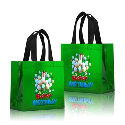 Small Green Birthday Gift Bags with Handles.  Balloons Pattern Happy Birthday Party Bags Bulk for Girls. Boys