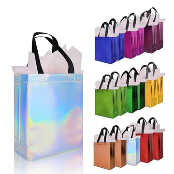 Multicolor Small Gift Bags Bulk. 8 x 3.9 x 9.8 In Glossy Non-woven Party Bags. Reusable Goodie Bags with Sturdy Base for Birthday. Wedding. Party. Holiday- 9 Colors