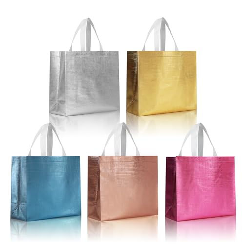 Multicolor Reusable Gift Bags Bulk with 5 Colors. 12.6x4.7x11 In Large Holiday Party Bags with Metallic Bling for Wrapping Gifts. Birthday. Wedding. Parties. Christmas