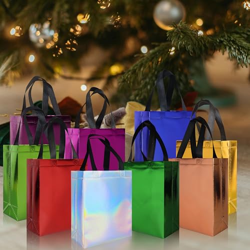 Multicolor Small Gift Bags Bulk. 8 x 3.9 x 9.8 In Glossy Non-woven Party Bags. Reusable Goodie Bags with Sturdy Base for Birthday. Wedding. Party. Holiday- 9 Colors