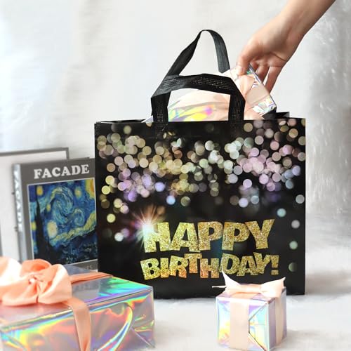 Black Birthday Gift Bags with Bases. 12.6 x 4.7 x 11 In Large Happy Birthday Party Bags with Gold Shiny Polka Dot. Non-woven Reusable Gift Bags for Girls. Boys. Women. Men