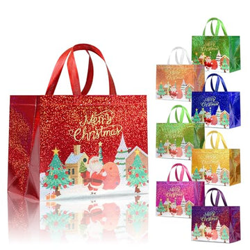 Multicolor Christmas Gift Bags with Bases. Large Reusable Non-woven Bags for Gifts with 8 Colors. 12.6 x 6.7 x 9.8 In Holiday Gift Bags for Xmas Party. Gifts Wrapping