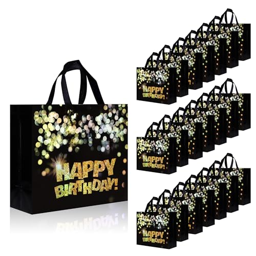 Black Birthday Gift Bags with Bases. 12.6 x 4.7 x 11 In Large Happy Birthday Party Bags with Gold Shiny Polka Dot. Non-woven Reusable Gift Bags for Girls. Boys. Women. Men