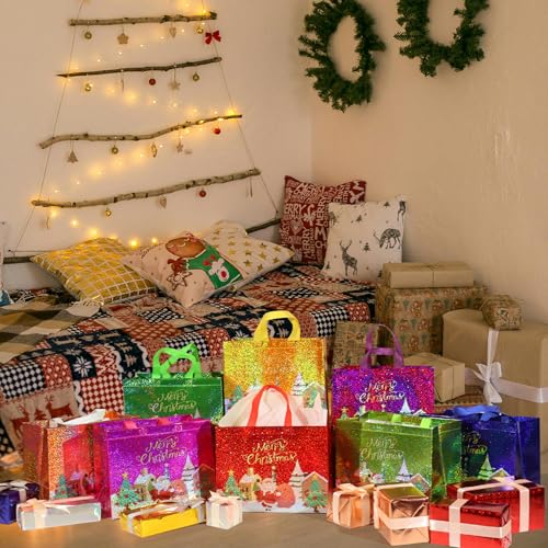 Multicolor Christmas Gift Bags with Bases. Large Reusable Non-woven Bags for Gifts with 8 Colors. 12.6 x 6.7 x 9.8 In Holiday Gift Bags for Xmas Party. Gifts Wrapping