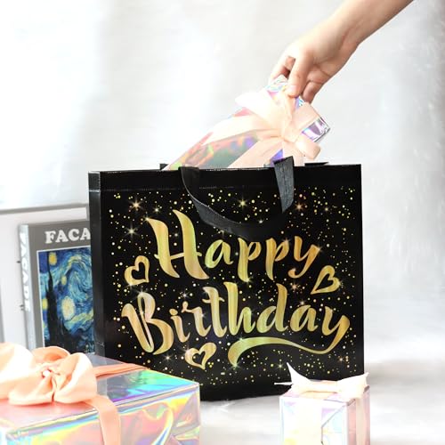 Black Birthday Gift Bags with Gold Shiny Stars. 12.6 x 4.7 x 11 In Reusable Party Gift Bags Bulk for Kids. Adults Birthday Party