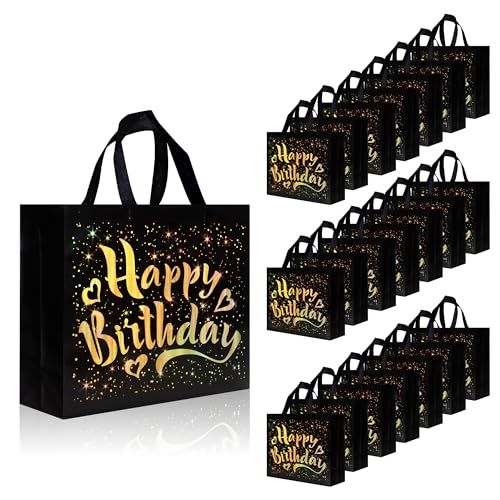 Black Birthday Gift Bags with Gold Shiny Stars. 12.6 x 4.7 x 11 In Reusable Party Gift Bags Bulk for Kids. Adults Birthday Party