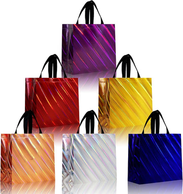 Unique Dazzling Blue Reusable Gift Bags with Handles & Bases, Shiny Non-woven Holiday Goodie Bags Bulk for Birthday, Wedding, Party- 12.6x4.7x11 In